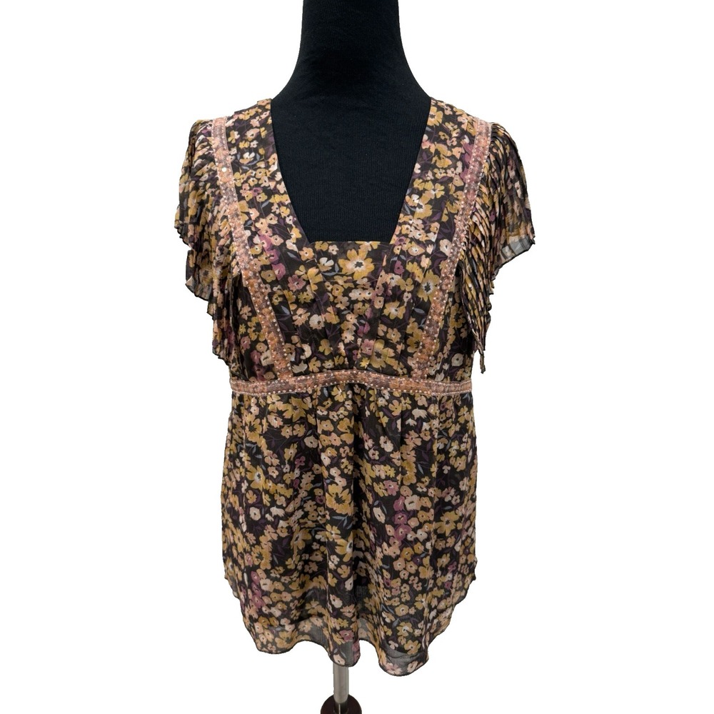 Sundance Brown Silk Top Blouse Cap Sleeve floral print w/sequins & beads M
